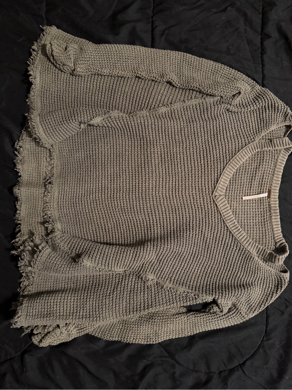 Free People Olive Green Distressed Scoop Knit Sweater